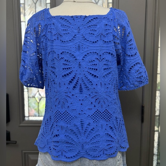 Talbots Blue Square Neckline Eyelet Puff Sleeve Blouse - Picture 5 of 7